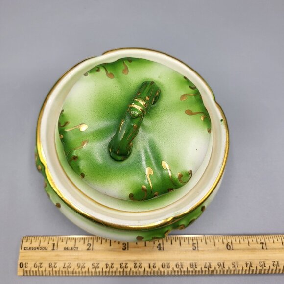 Vintage Ceramic Lidded Pot Jar Flower Frog Emerald Green Gold Accents Home Decor - Picture 10 of 11